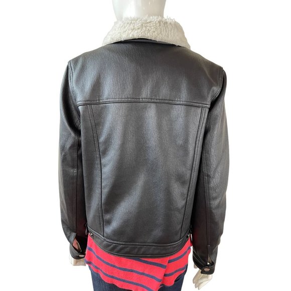 Jou Jou Womens Sherpa Leather Jacket Faux Fur Collar Front Button Black SZ Large - Picture 2 of 7